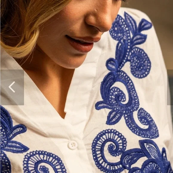 Adiva White Cotton w Blue Embroidery Dolman Sleeves - Picture 5 of 6